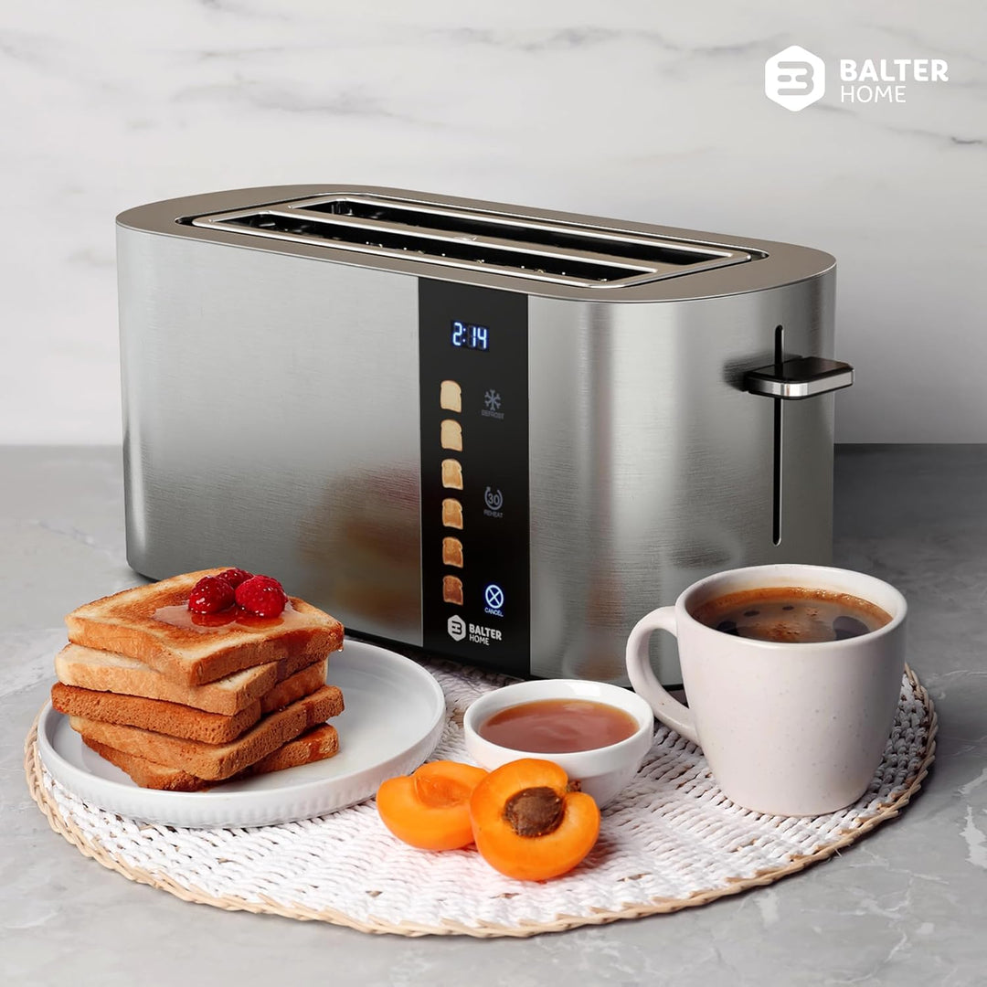 Balter Toaster 4 Scheiben, Touch Bedienung, Langschlitz, Edelstahl, Brötchenaufsatz, LCD Display Lan