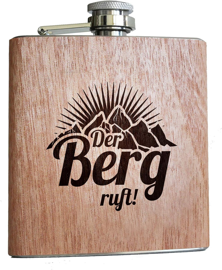 Der Berg ruft - Holz Flachmann! Geschenk Idee zum Wandern Klettern Bergsteiger Ski Fahrer Urlaub für