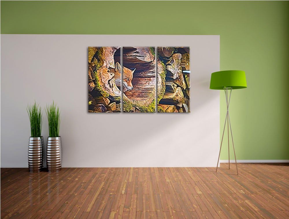 Fuchs im Baumstamm Spezial 3-Teiler Leinwandbild 120x80 Bild auf Leinwand, XXL riesige Bilder fertig
