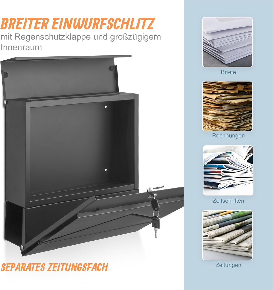 Relaxdays Briefkasten mit Zeitungsfach, HBT: 37 x 37 x 11 cm, DIN C4, wetterfest, 4 Schlüssel, Postk