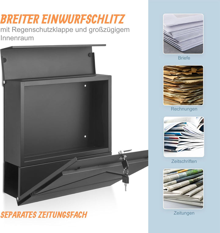 Relaxdays Briefkasten mit Zeitungsfach, HBT: 37 x 37 x 11 cm, DIN C4, wetterfest, 4 Schlüssel, Postk