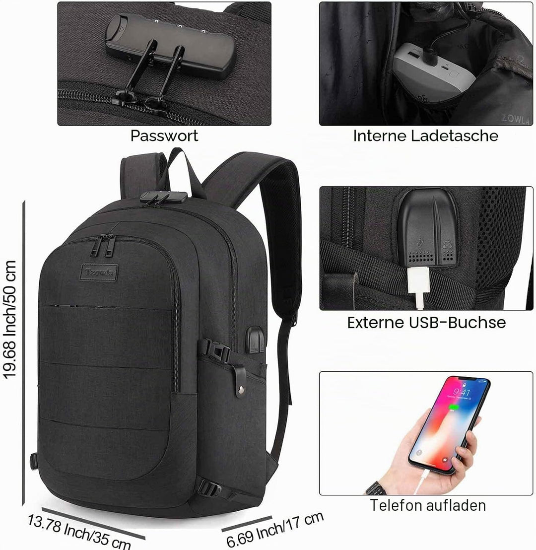 Tzowla Anti Diebstahl Laptop Rucksack für Herren,Rucksack Wasserdicht mit USB-Ladeanschluss und Schl