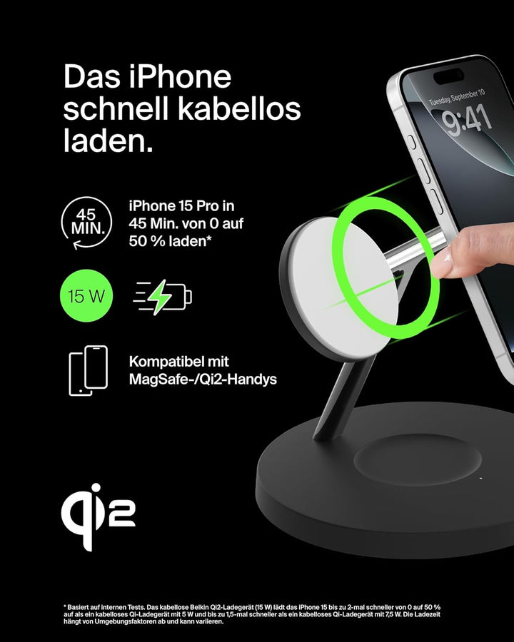 Belkin BoostCharge Pro 3-in-1 Qi2 Kabelloses Ladegerät, MagSafe-Kompatibles Ladegerät, Induktive Lad
