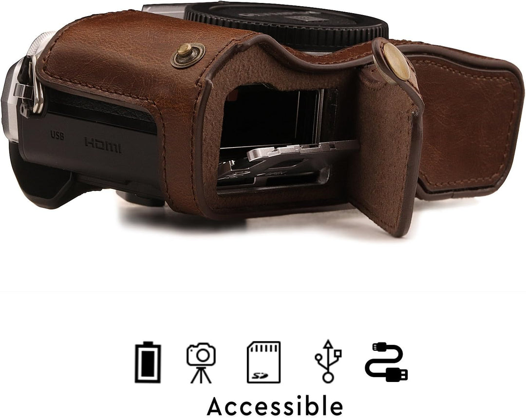 MegaGear MG1351 Ever Ready Leder Kamera Halbtasche mit Trageriemen und Batteriezugang für Olympus OM