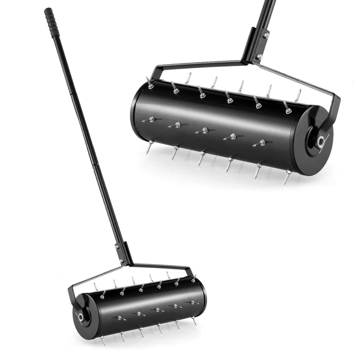 GOPLUS Rasenbelüfter, Handvertikutierer mit Stiel & 3,4cm Nägeln, rollender Aerifizierer, manueller