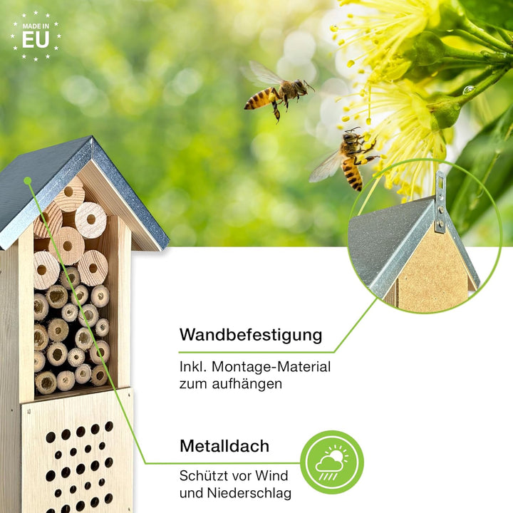 GARTENETAGE Freistehendes Insektenhotel aus Holz mit Erdspiess – Ideal für Wildbienen, Schmetterling