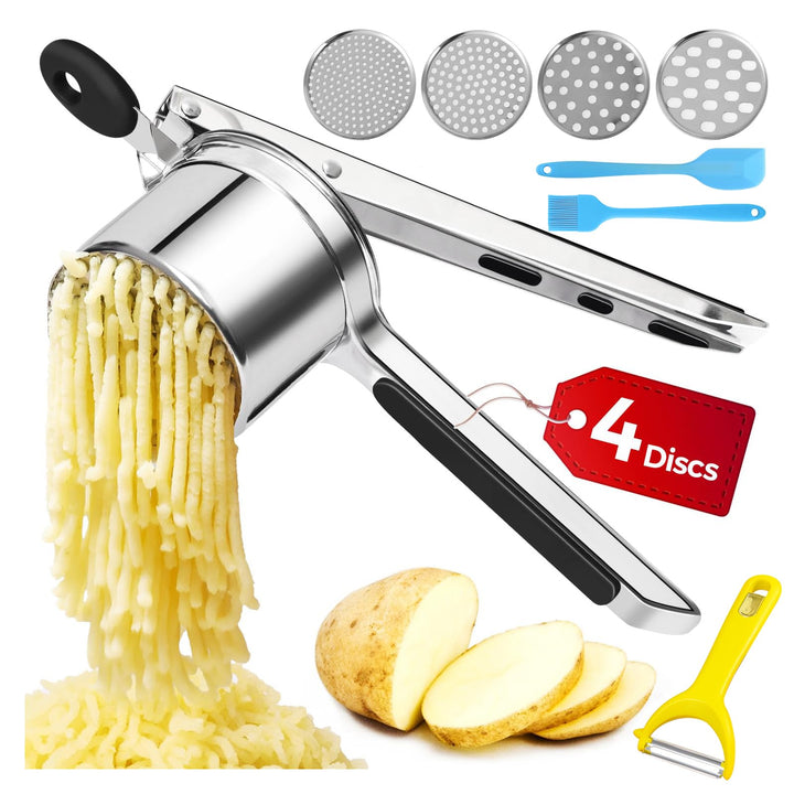 Kartoffelstampfer Edelstahl, Kartoffelpresse mit 4 Auswechselbaren Schneidplatten 3 Zubehörteile, zu