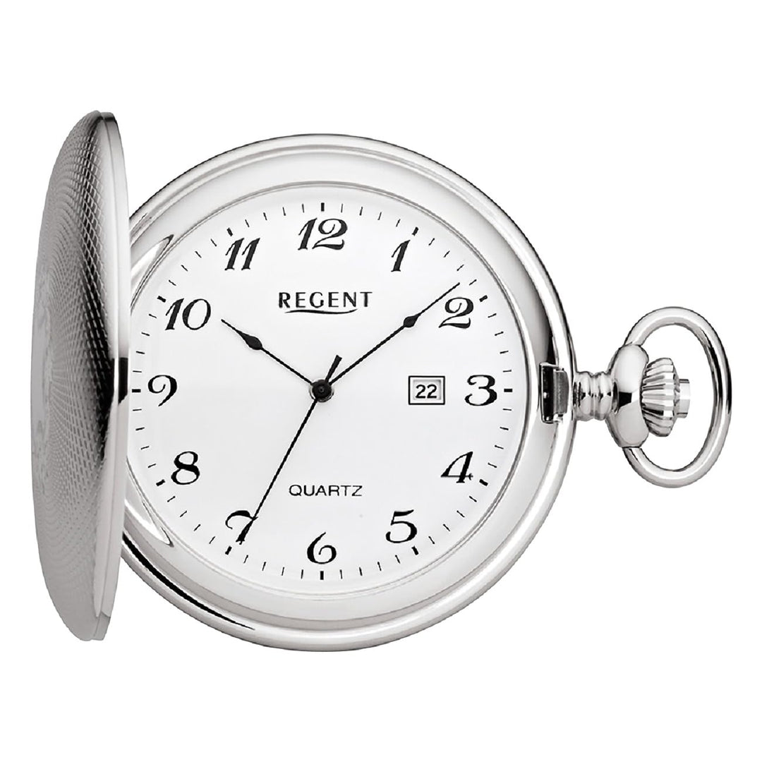 REGENT Herren Taschenuhr Savonnette Klappdeckel 47 MM Quarz Weisses Zifferblatt Arabische Zahlen Dat