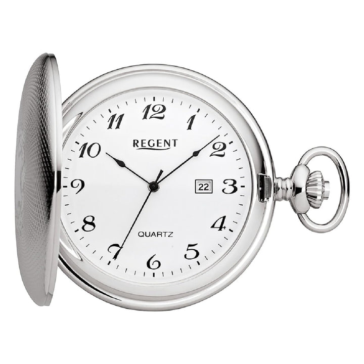 REGENT Herren Taschenuhr Savonnette Klappdeckel 47 MM Quarz Weisses Zifferblatt Arabische Zahlen Dat