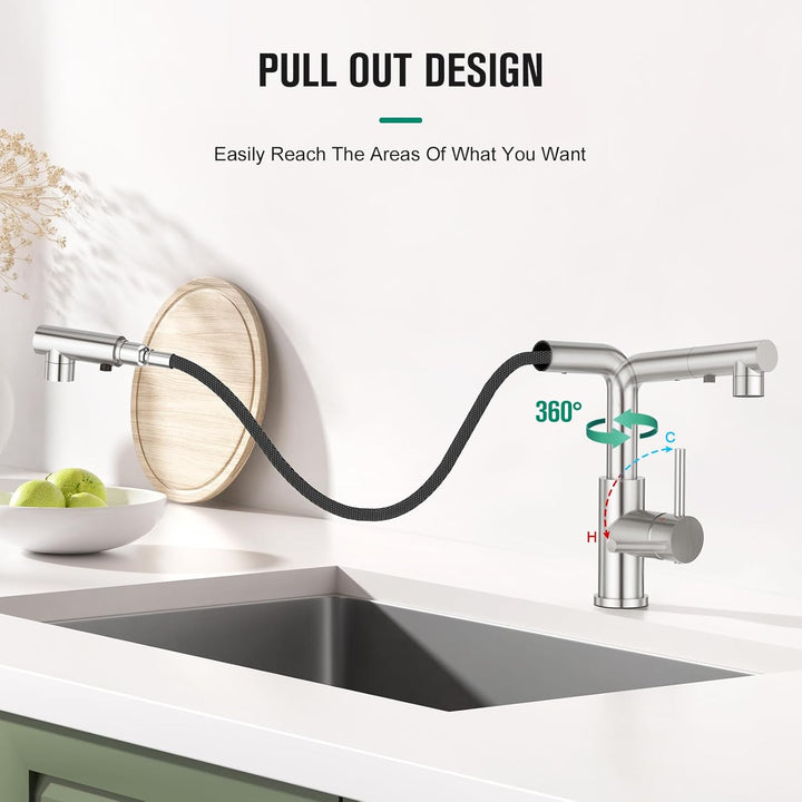 CREA Wasserhahn Küche mit 3 Funktionen Brause,360° Drehbar Hochdruck Einhebelmischer Mischbatterie S