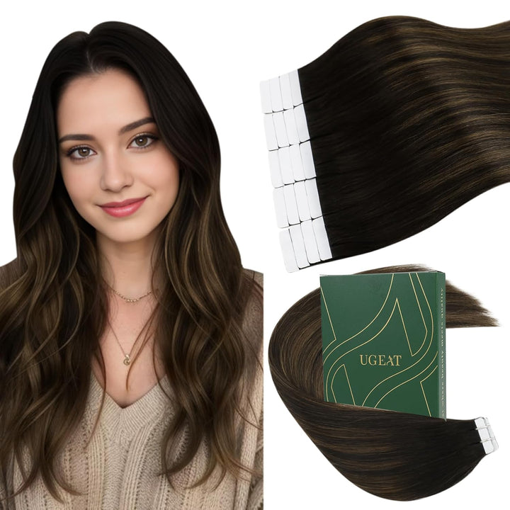 Ugeat 30cm Haarverlängerung Echthaar Tapes Balayage Dunkelstes Braun mit Mittel Braun 2/6/2 Tape Ext