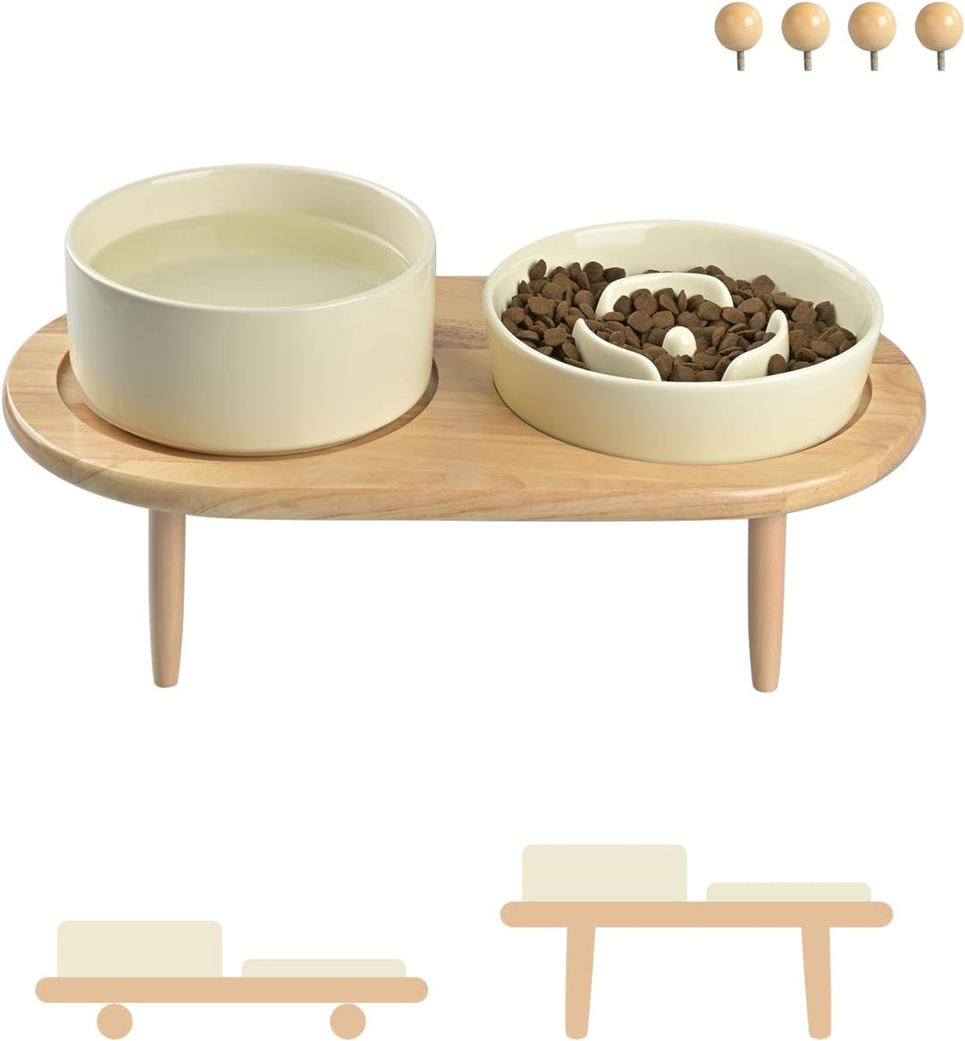 SPUNKYJUNKY Keramik Hundenapf Set Anti Schling Napf mit Bambus Ständer für Katzen und Hunde (Beige)