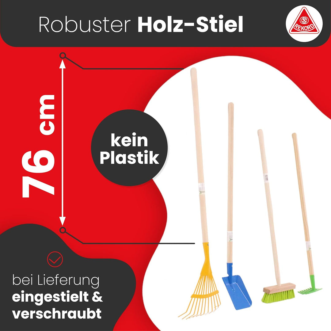 Rekord Kinder Gartengeräte Set 4 TLG. Schaufel (Blau), Rechen (Grün), Besen (Grün), Laubbesen (Gelb)