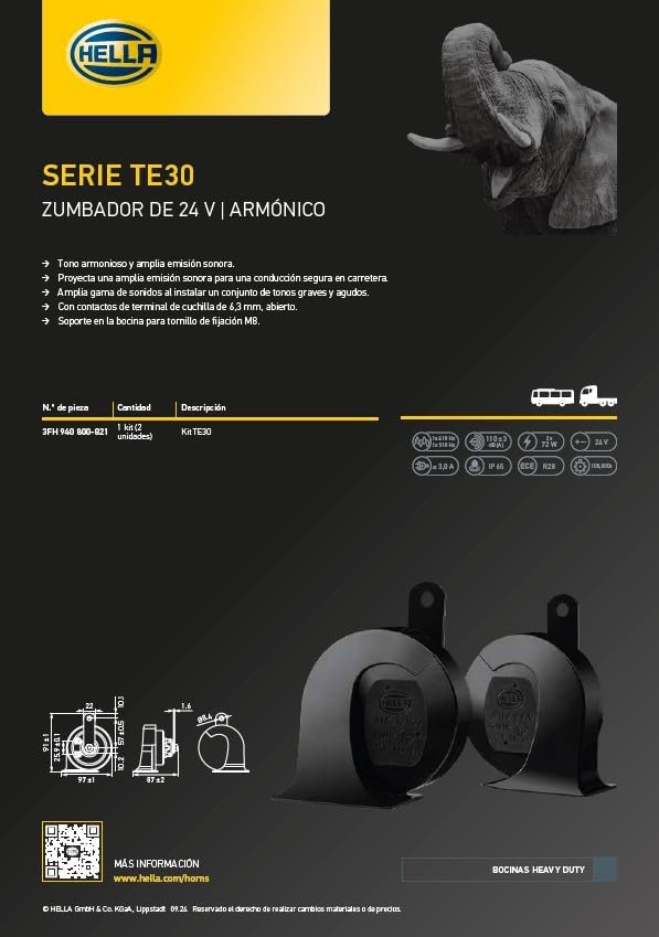 HELLA Fanfare - HEAVY DUTY HORN TE30 SET - 24V - 110dB(A) - Frequenzbereich von: 410Hz - Frequenzber