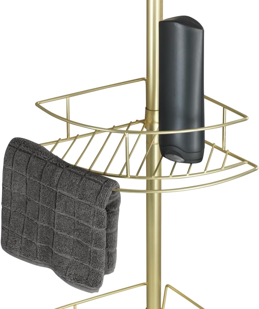 WENKO Teleskop-Eckregal Mod. Dolcedo Gold, klemmbares Badregal mit 4 Ablagen für Shampoo, Duschgel &