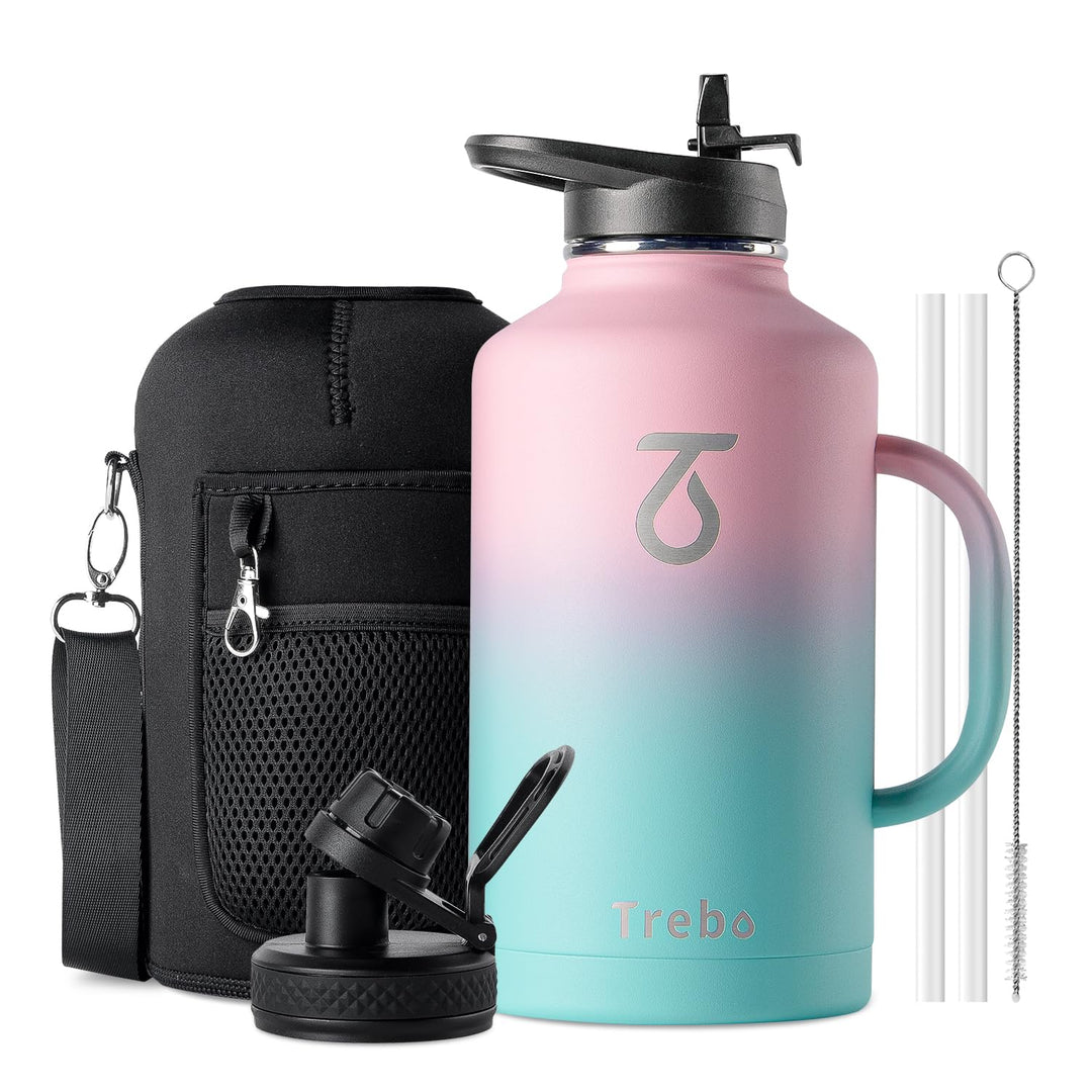 Trebo 1,8 l Wasserflasche isoliert mit Strohhalm und 2 Deckeln, doppelwandig, Vakuum, Edelstahl, Met