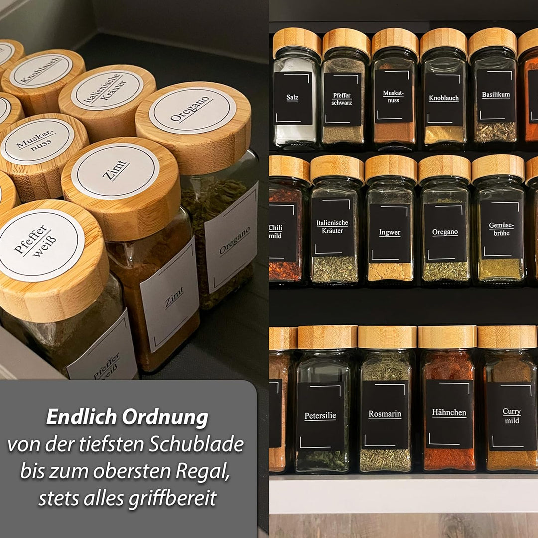 VonBueren Gewürzgläser eckig mit Bambusdeckel | Set mit 24 x 120 ml | Gewürzbehälter mit Streueinsat