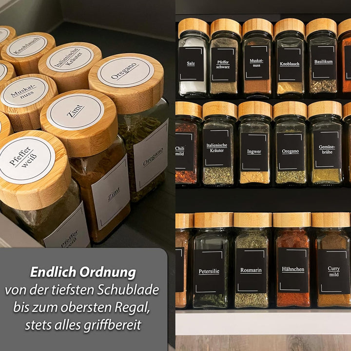 VonBueren Gewürzgläser eckig mit Bambusdeckel | Set mit 24 x 120 ml | Gewürzbehälter mit Streueinsat