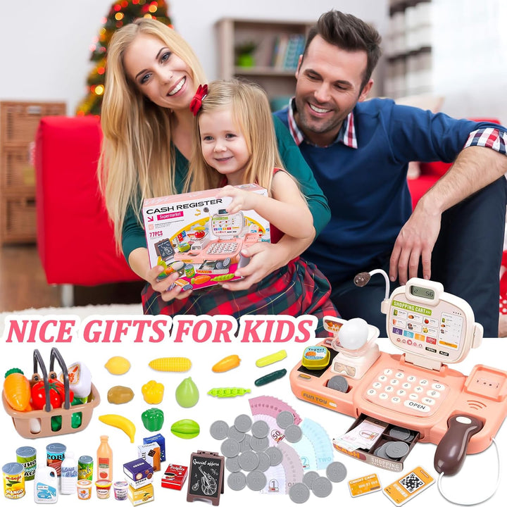 Kinder Spielkasse mit Scanner und Sound, Kaufladen-Spielzeugkasse, 72 Zubehör (Rechner, POS, Spielge