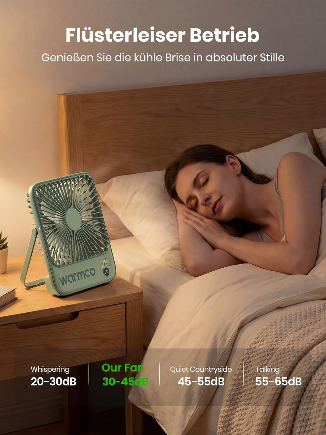 Warmco 10000mAh Tragbarer Ventilator 21 cm Hoch, Bis zu 24h Laufzeit, Ultra-dünn Leise Akku Tischven