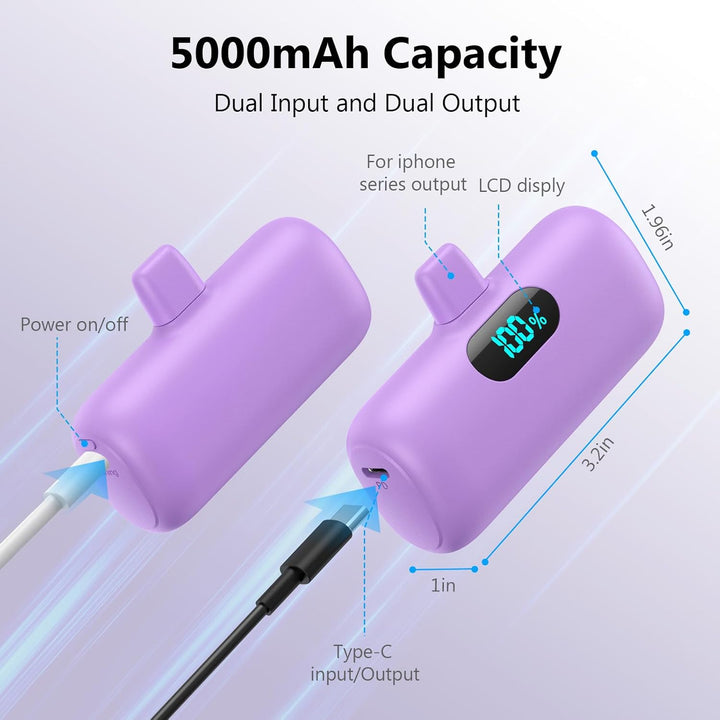 Mini Power Bank für iPhone 5000mAh, Upgrade 15W PD 3.0A Schnellladung, Leicht-Kompakt Powerbank LCD