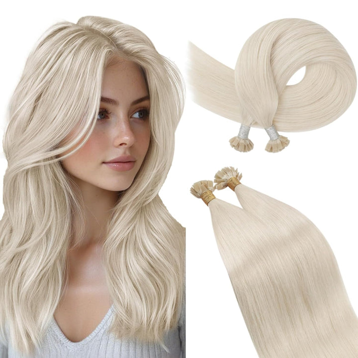 Ugeat Bonding Extensions Echthaar Blond für Kurz 35 cm Flat Tip Extensions Echthaar Bondings Platinb