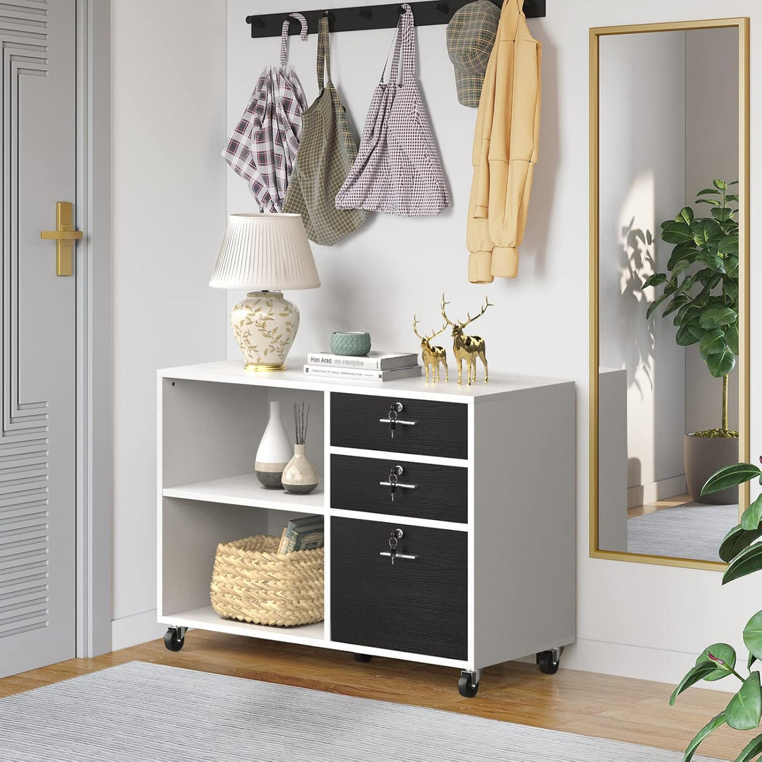 YITAHOME Rollcontainer, Aktenschrank mit 3 Schubladen und 2 Fächern, Mobile Dokumentenschrank mit Um