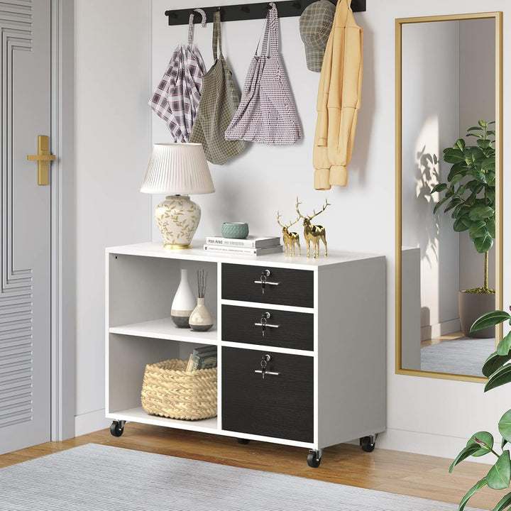 YITAHOME Rollcontainer, Aktenschrank mit 3 Schubladen und 2 Fächern, Mobile Dokumentenschrank mit Um
