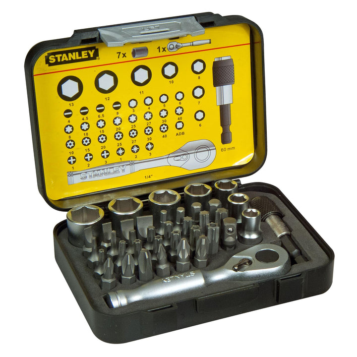Stanley 1/4" Bit-Satz 1-13-906 (25mm, 39-teilig Set mit Mini-Umschaltknarre und Steckschlüsseln) 1 S