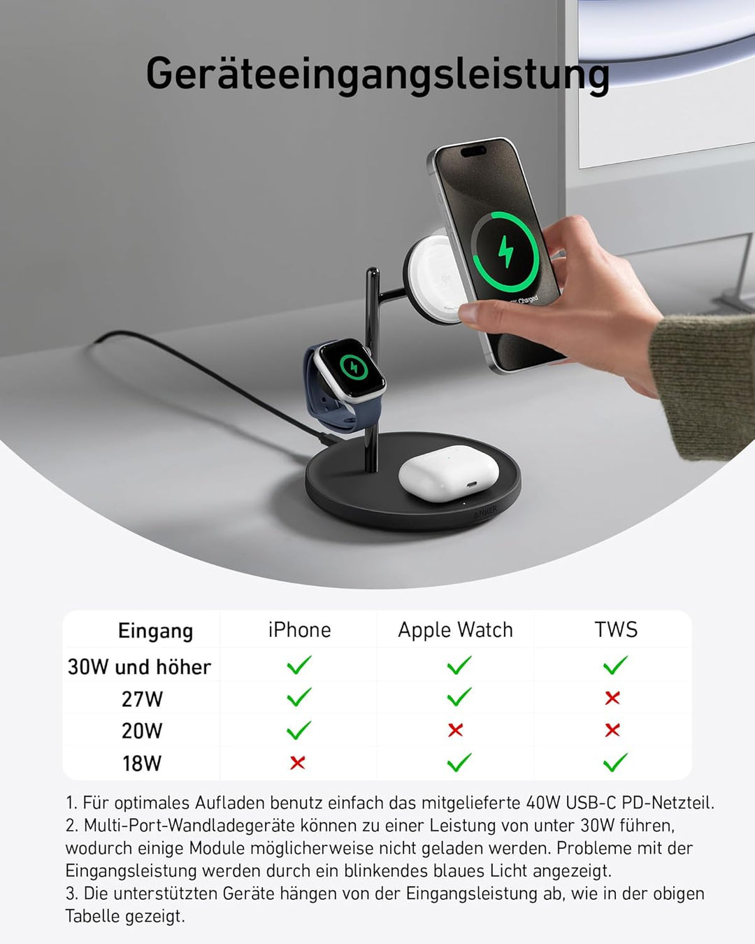 Anker MagGo 3-in-1 Kabellose Ladestation, 15W kabelloser Ladeständer, MagSafe-kompatibel, Qi2-zertif