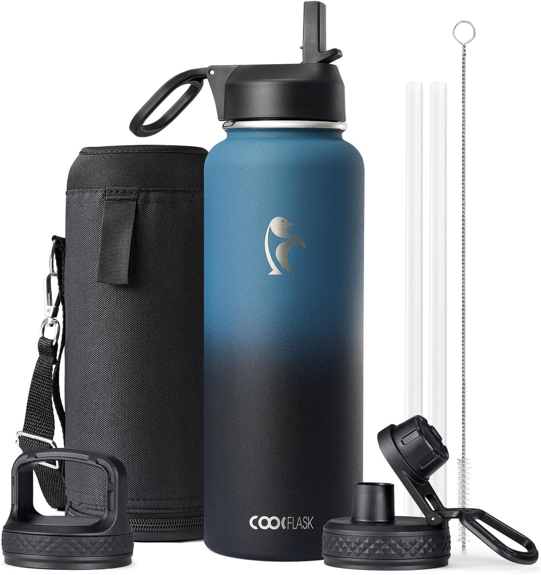 Coolflask 1180ml Isolierte Wasserflasche mit Strohhalm & 3 Deckeln, Metall-Wasserflasche für Sport o