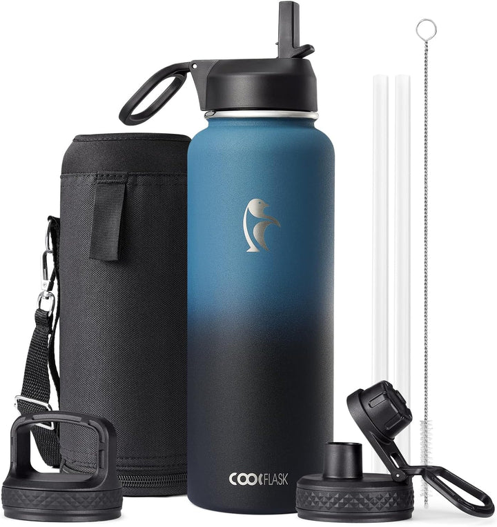 Coolflask 1180ml Isolierte Wasserflasche mit Strohhalm & 3 Deckeln, Metall-Wasserflasche für Sport o