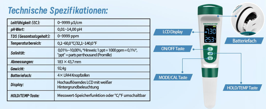 PH Messgerät 5IN1 TDS EC PH Temp Salt(%) Wassertester für Pools Trinkwasser Hyydrokultur Whirlpool A