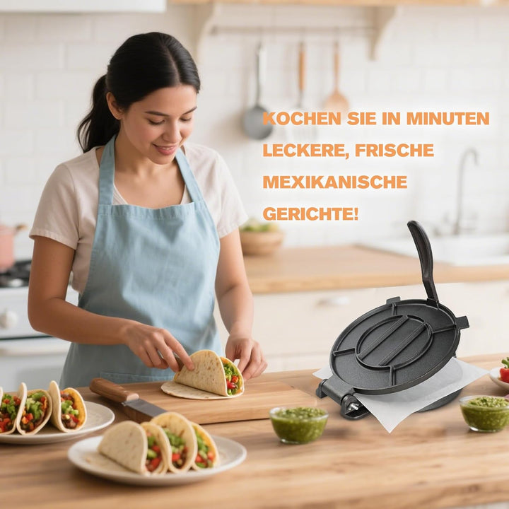 Tortilla Presse - Gusseisen Tortilla Presse 25cm, Roti Maker, Pre-Seasoned Tortilla Maker, Heavy- Du