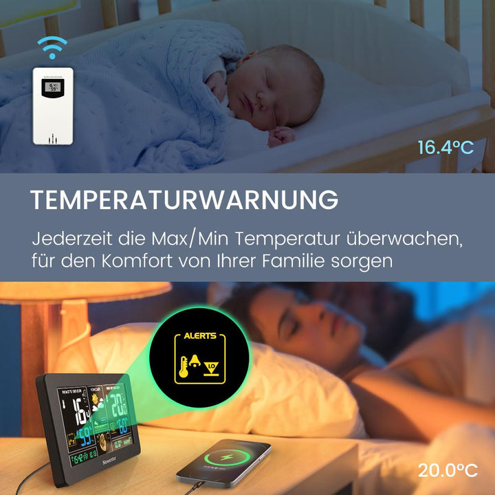 Newentor Wetterstation Funk mit 2 Aussensensoren - Funkwetterstation mit Wettervorhersage, Temperatu