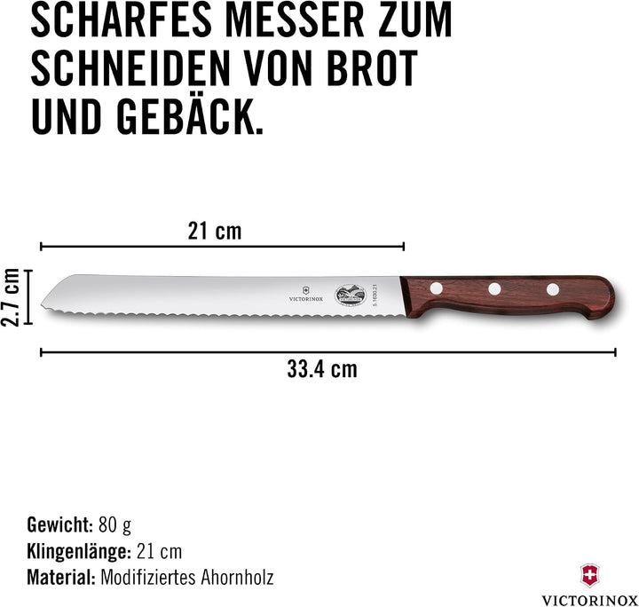 Victorinox, Wood, Profi Brotmesser Wellenschliff, Extra Scharfe Klinge, 21 cm, Edler Holzgriff, Rost