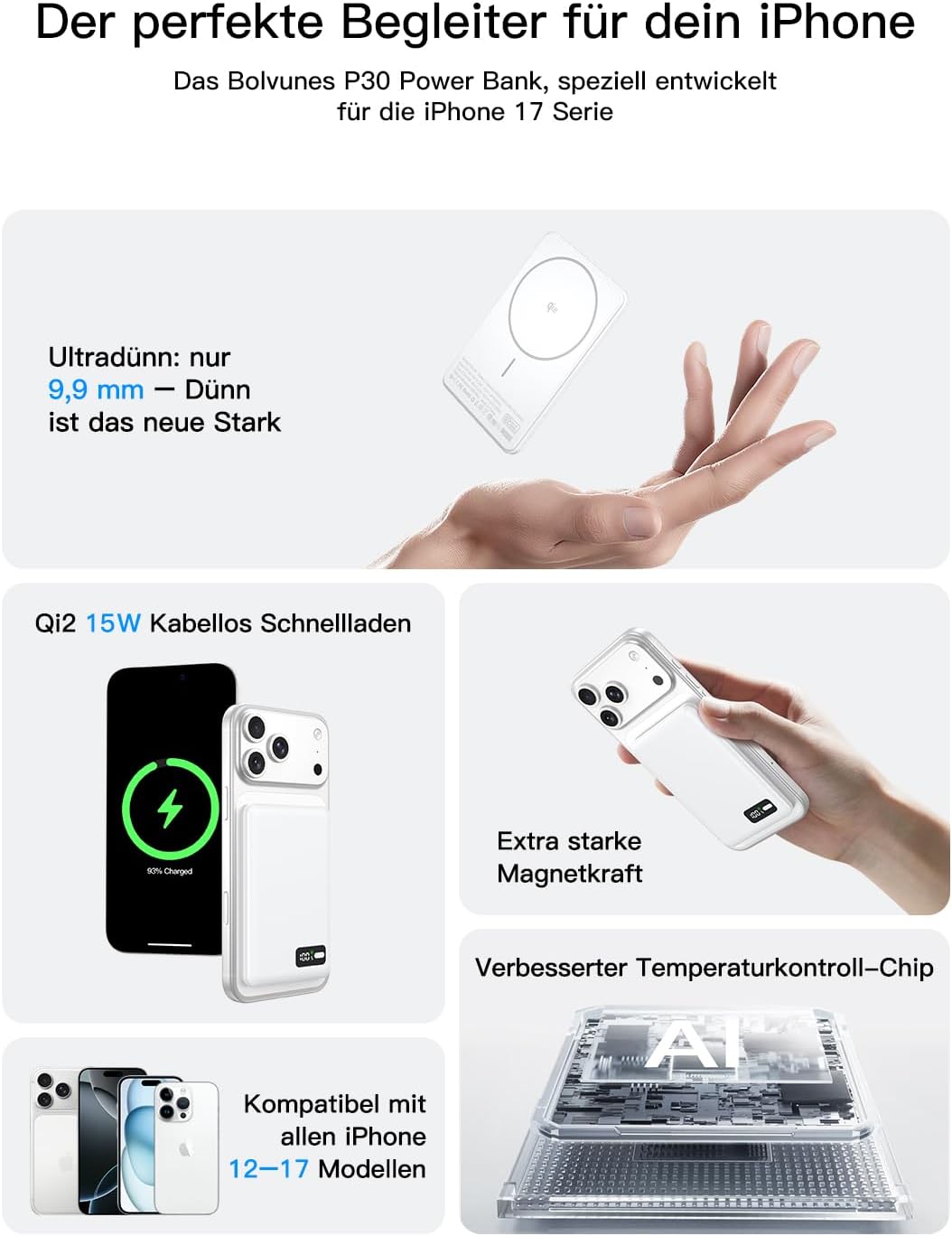 Powerbank Power Bank für MagSafe Slim Dünn 5000mAh Qi2 15W Max Digitalanzeige Schlank Schnellladen M