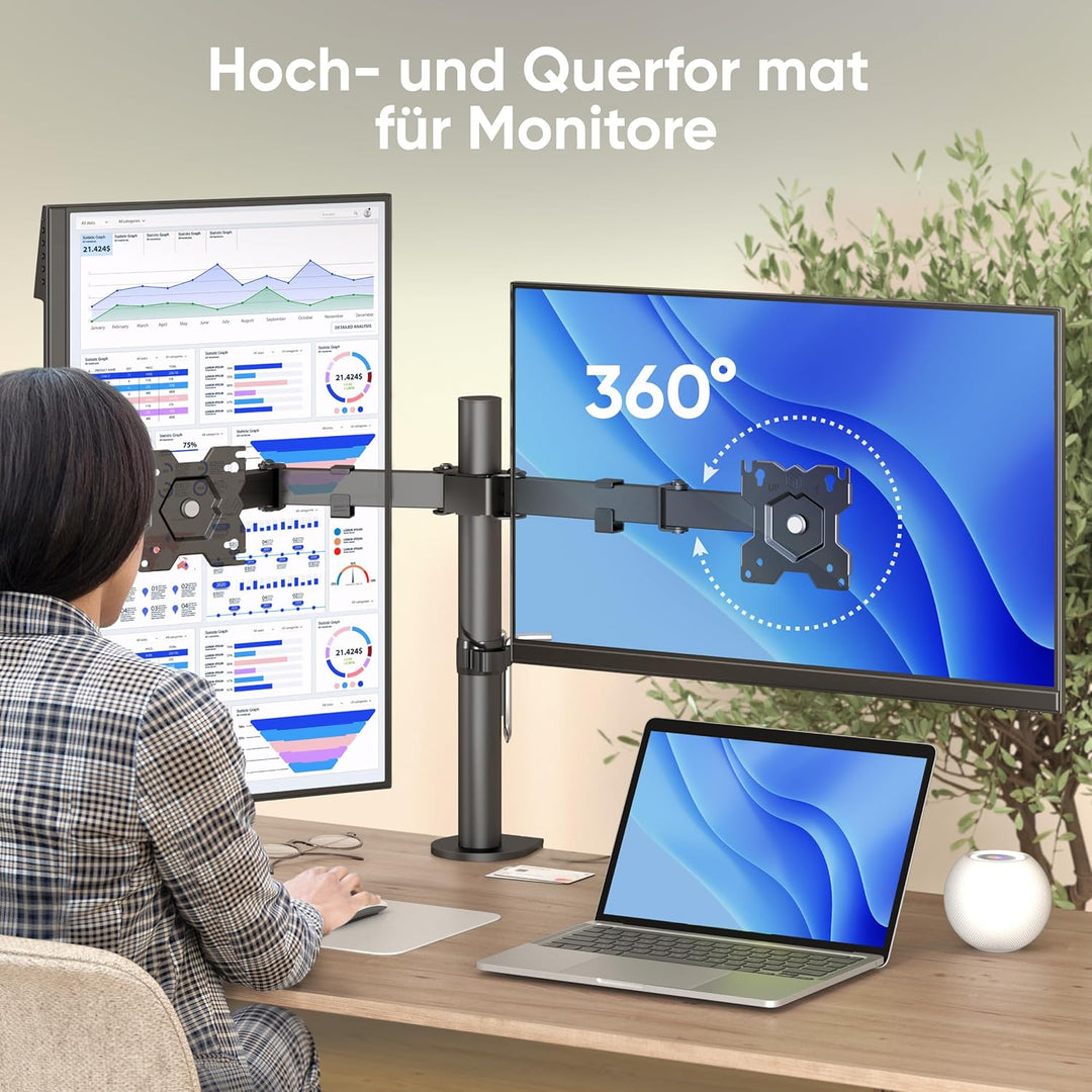 ONKRON Zweiarm Monitor Halterung für 13-32 Zoll Flach&Curved Bildschirm, Tischhalterung Höhenverstel