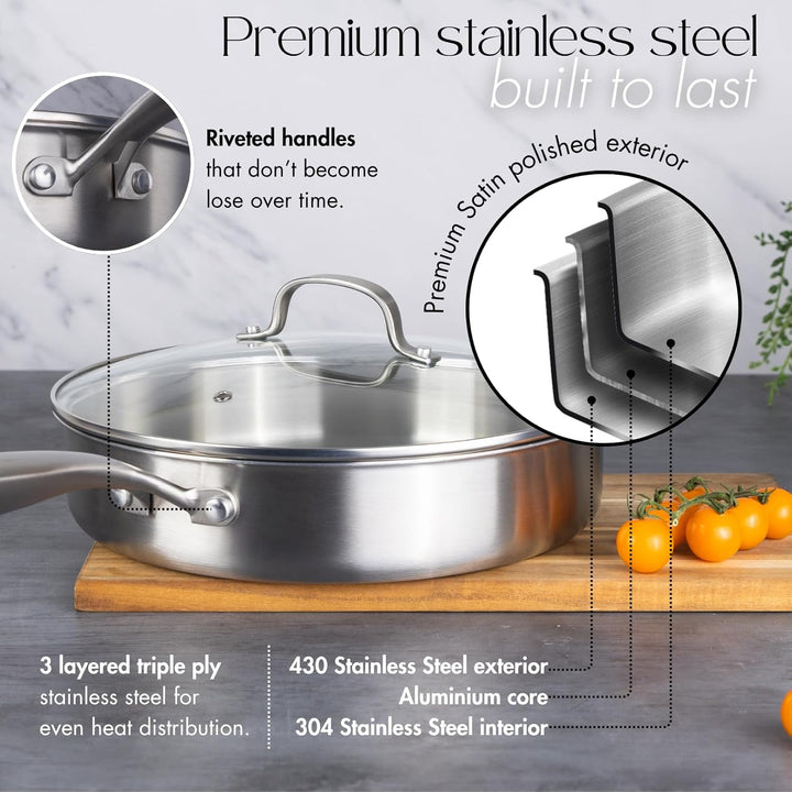nuovva Edelstahl-Sautépfanne mit Glasdeckel, Induktionsherd, antihaftbeschichtet, 28 cm Bratpfanne S