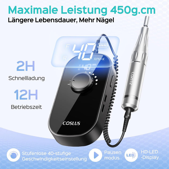 COSLUS E51 Elektrische Nagelfräser 40000 U/min: 6-in-1 Professionell Nagelpflege Set für Gelnägel Ac