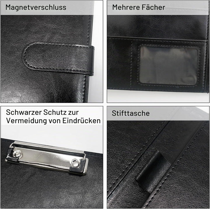 Schreibmappe A5 Klemmbrett Mappe mit Magnetischer Verschluss, organizer büro mappe, Schwarz Ordner,