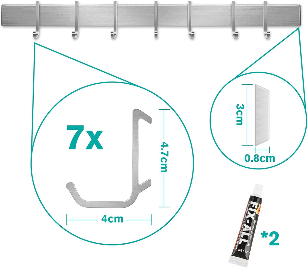 Hakenleiste Küche 40cm, Küchenhalterung ohne Bohren mit 7 abnehmbaren Haken, Aluminium Küche Hakenle