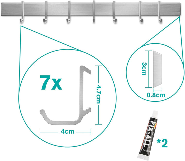 Hakenleiste Küche 40cm, Küchenhalterung ohne Bohren mit 7 abnehmbaren Haken, Aluminium Küche Hakenle