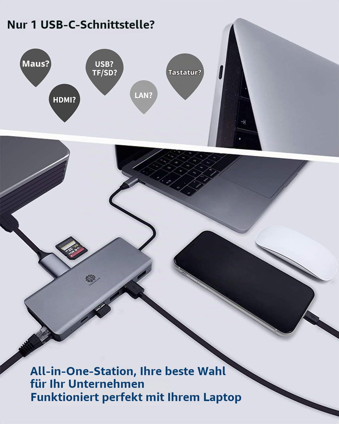 TRANSLON USB C Hub, Kompakte Dockingstation, 13 in 1, Triple Display, PD 100W, 2X HDMI, 1x VGA, 4X U