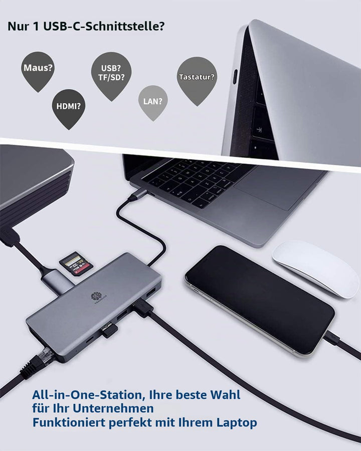 TRANSLON USB C Hub, Kompakte Dockingstation, 13 in 1, Triple Display, PD 100W, 2X HDMI, 1x VGA, 4X U