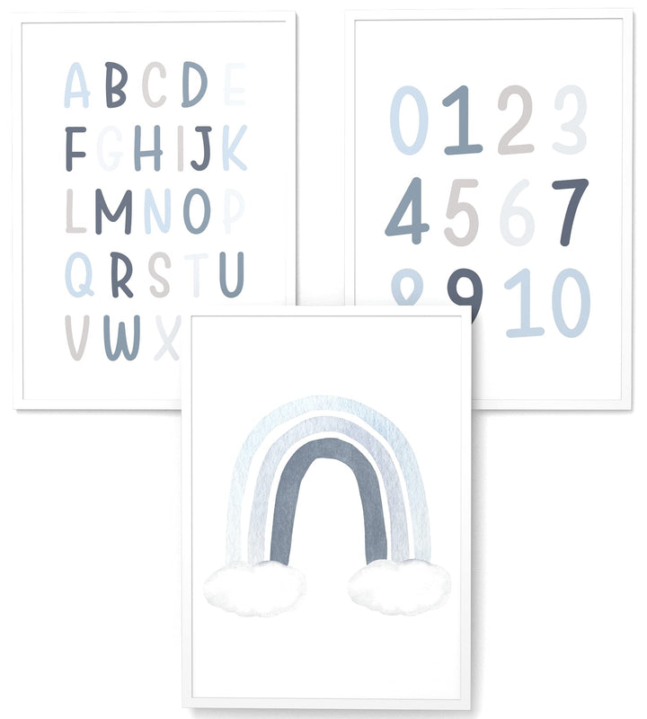 Papierschmiede® Kinderbilder 3er Set Lernposter, A3 gerahmt in Holzrahmen (weiss), Geschenk für Jung