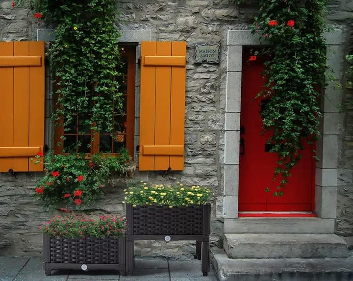 Mingone 2er Set Blumenkasten Rattan Optik Blumentopf aus Kunststoff Blumenkasten Balkonkasten mit Wa