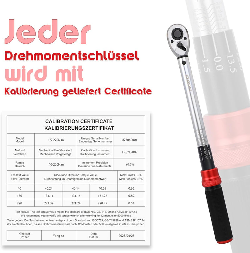 UYECOVE Drehmomentschlüssel 1/2 Zoll, 40-220 Nm Drehmomentschlüssel Auto 5 Stk. ± 3% Fehlergenauigk