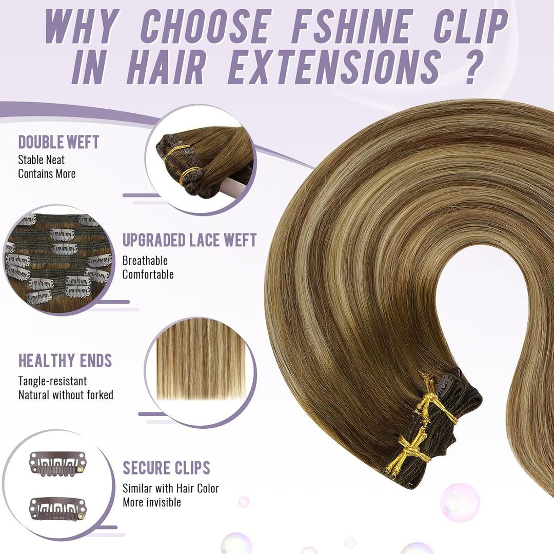 Fshine Echthaar Extensions Clip, 40cm 16 Zoll 120g 7 Stück BalayageSchokolade Braun Mxied Karamell B
