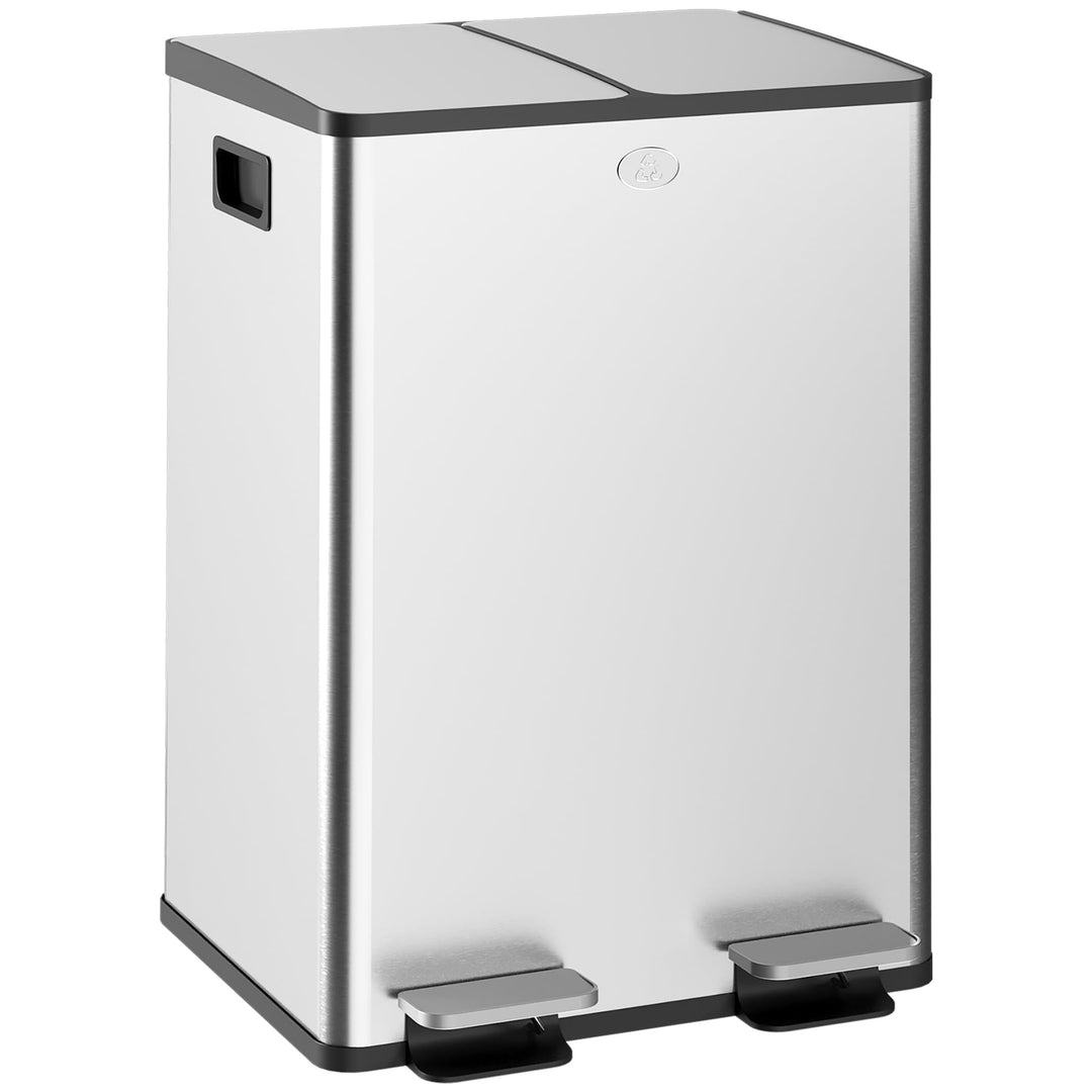 HOMCOM Doppelter Küchenabfalleimer, 2 x 28L, Treteimer aus Edelstahl, 2 sanft schliessende Deckel, h
